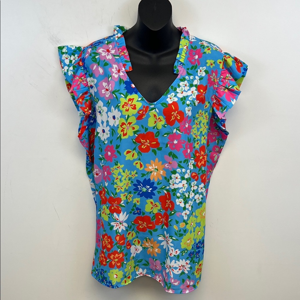 First Love by Lovelyn Blue Red Green Pink Floral Blouse Flutter Sleeves Size 2X